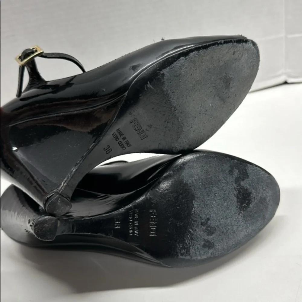 Fendi Wedges High Heel Shoes Shiny Patent Leather Peep Toe Black Size 38 US 8